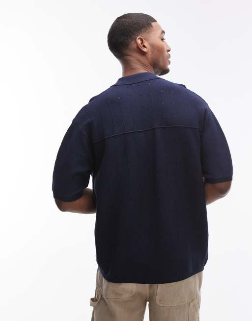 Topman pointelle knit polo shirt in navy