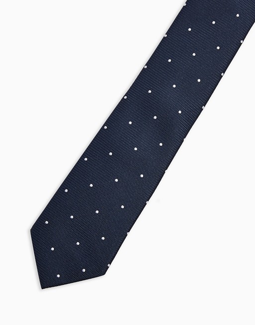 Topman polka dot print tie in navy and white