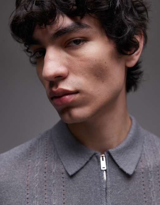 Topman - Polo a maniche corte in maglia grigia testurizzata con zip corta, 2 di 4