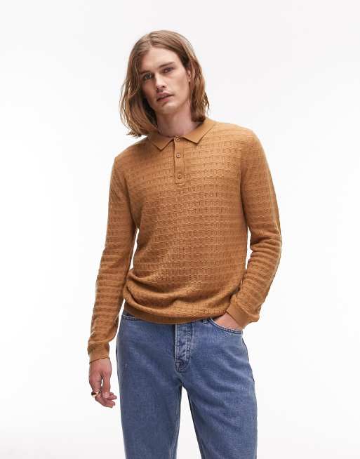 Topman - Polo a maniche lunghe marrone in maglia testurizzata