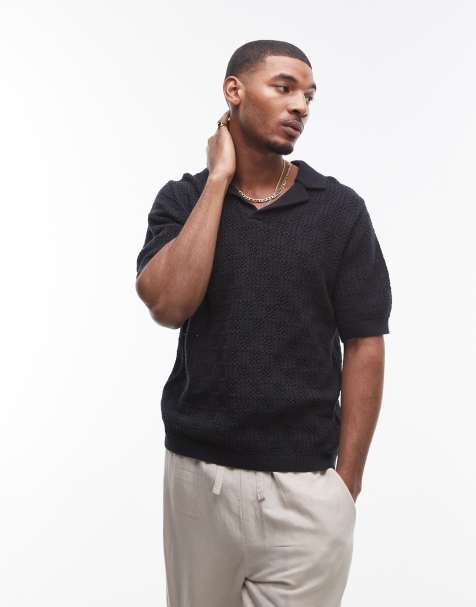 Topman - Polo à motifs en maille au crochet - Noir - view 1