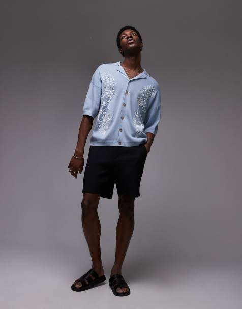 Topman - Polo avec col à revers et broderies fleurs - Bleu - view 1