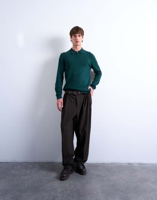 Topman - Polo basic in maglia verde scuro con zip, 2 di 5