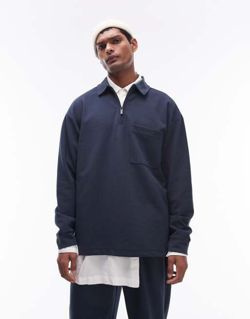 Topman - Polo blu navy oversize in jersey elegante con zip corta