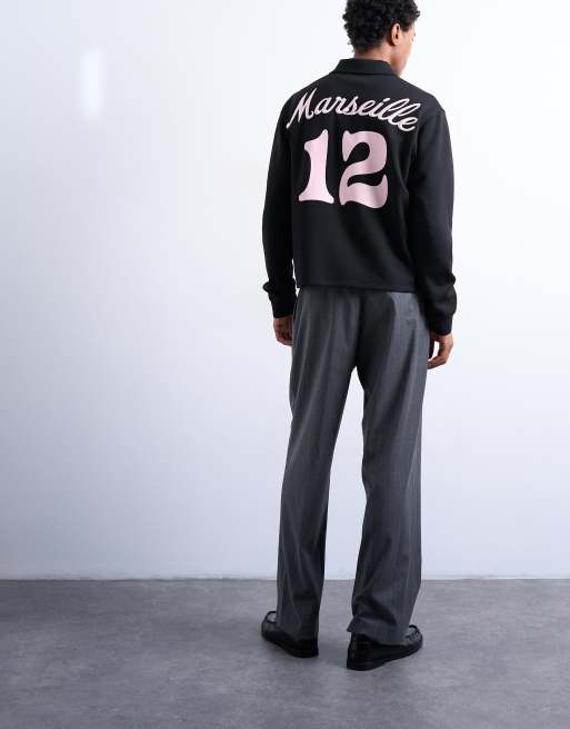 Topman - Polo comoda nera a maniche lunghe stile sportivo con ricamo Marseille sul retro , 5 di 5