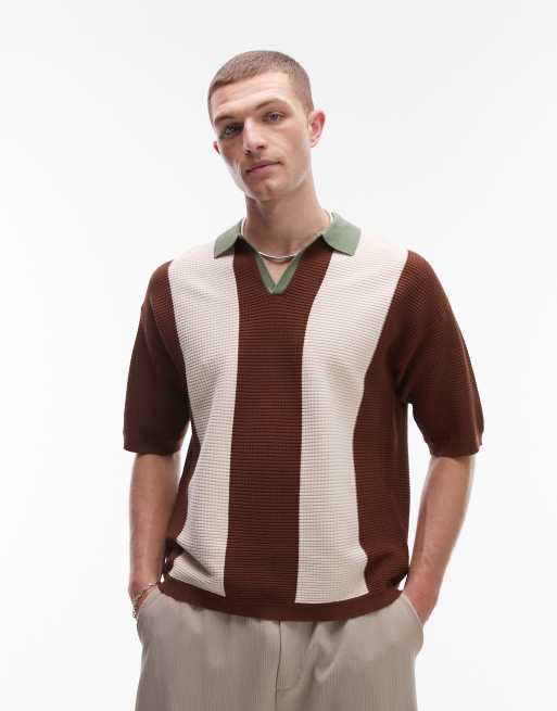 Topman - Polo con rever in maglia color block color salvia e neutro