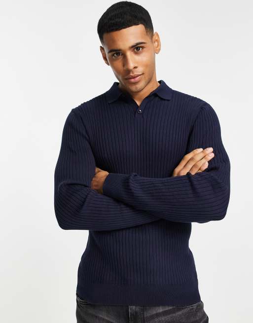 Topman - Polo côtelé à manches longues - Bleu marine