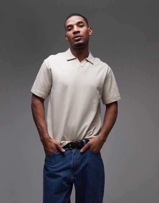 Topman - Polo coupe carrée en tissu épais avec col à revers - Taupe