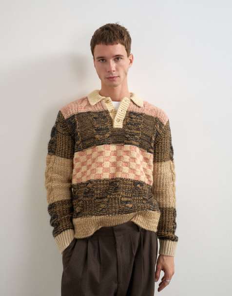 Topman polo de punto holgado con diseño patchwork en marrón - view 1
