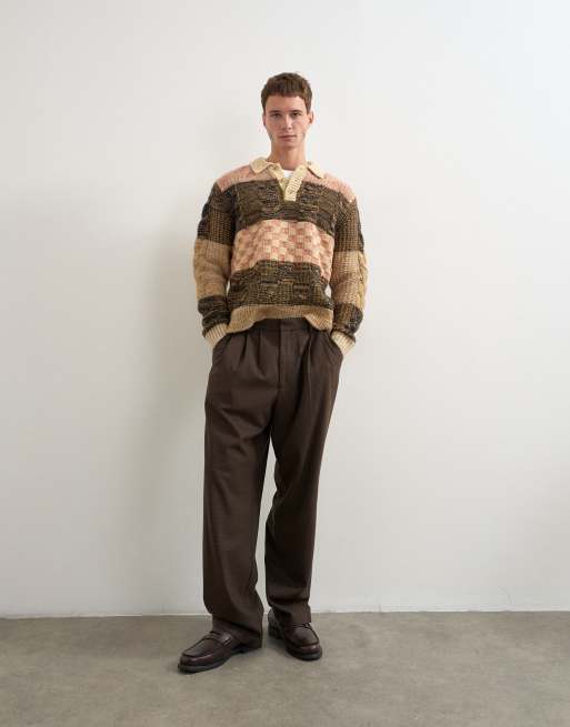 Topman polo de punto holgado con diseño patchwork en marrón, 2 de 5