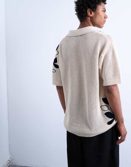 Topman - Polo décontracté en maille crochetée avec col à revers et fleurs brodées sur le corps et la manche - Taupe, 4 de 4