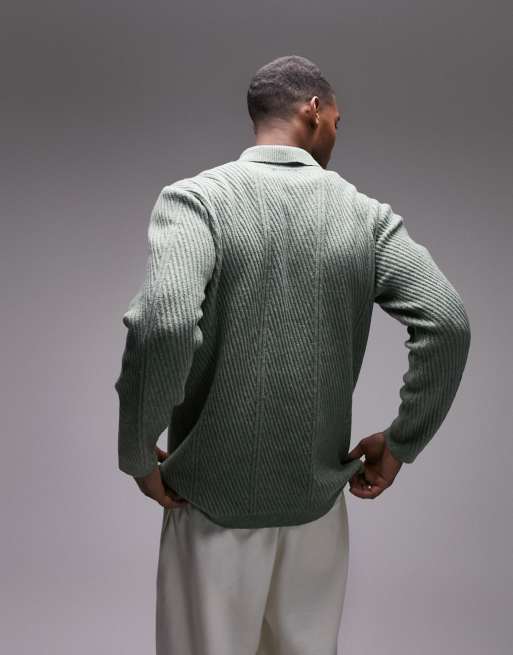 Topman - Polo élégant en maille à chevrons avec col zippé - Sauge, 3 de 4