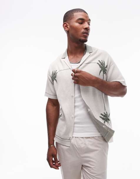 Topman - Polo en maille avec col à revers et palmiers brodés - Blanc - view 1