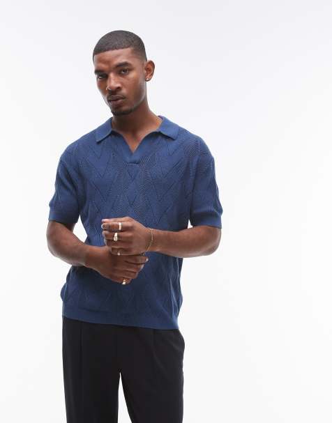 Topman - Polo en maille pointelle à motif losanges - Bleu marine - view 1