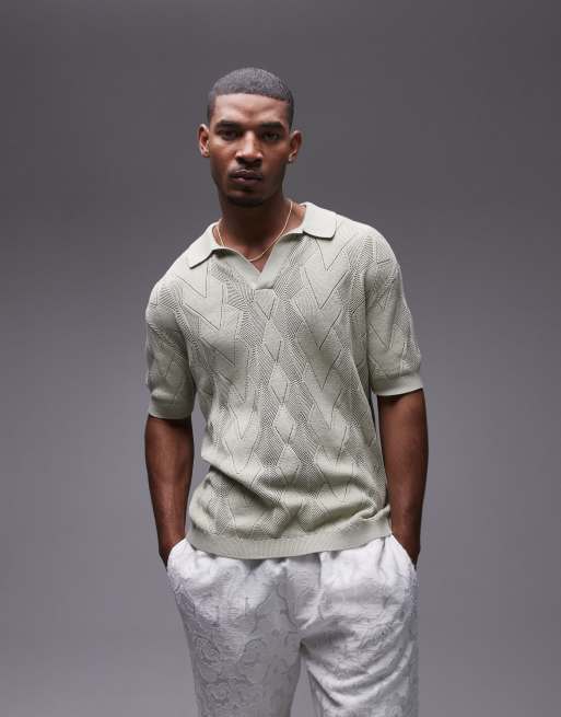 Topman - Polo en maille pointelle à motif losanges - Vert clair