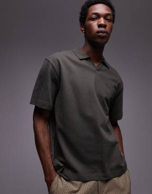 Topman - Polo épais coupe carrée avec col à revers - Kaki