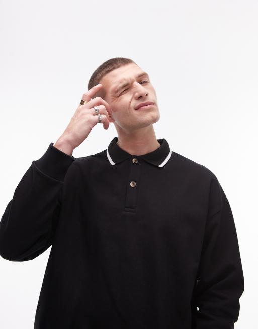 Topman - Polo felpata oversize nera con colletto con bordo a contrasto
