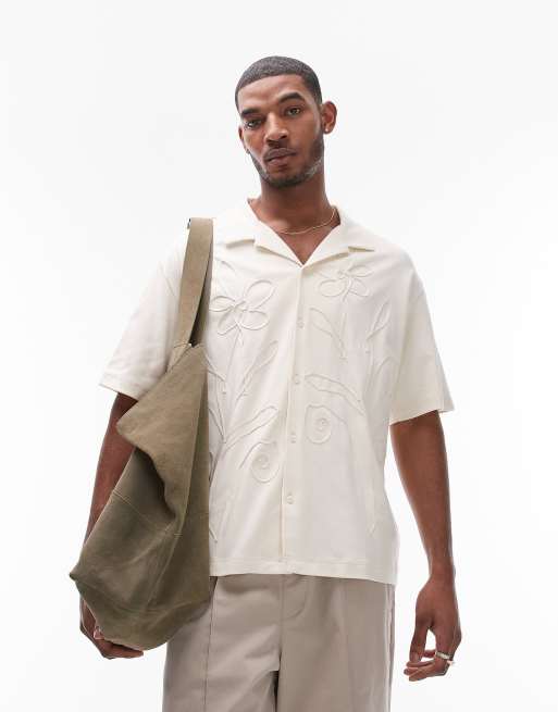 Topman - Polo in jersey oversize écru ricamata con bottoni