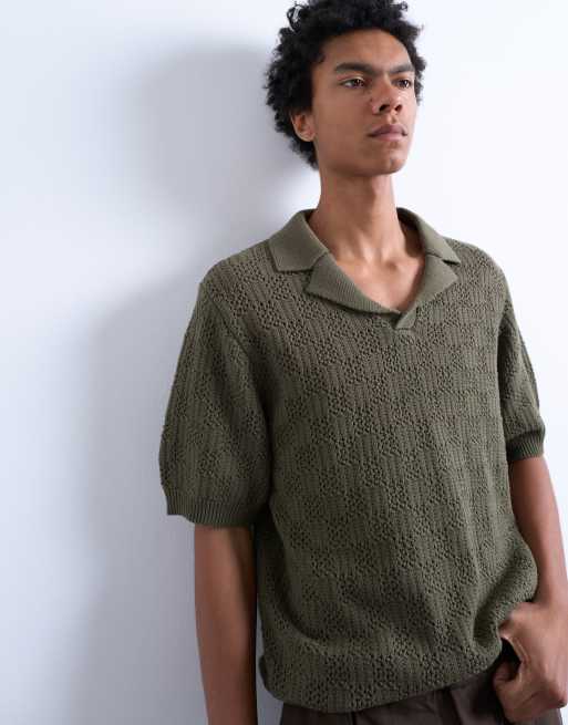 Topman - Polo in maglia all'uncinetto color kaki a quadri, 3 di 4