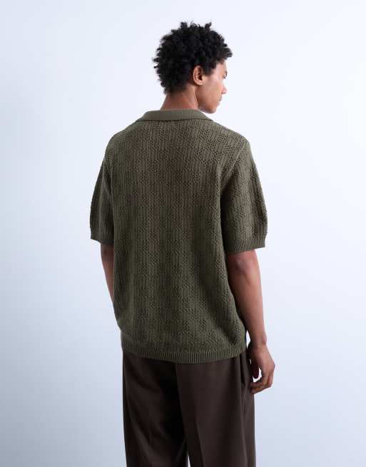 Topman - Polo in maglia all'uncinetto color kaki a quadri, 4 di 4