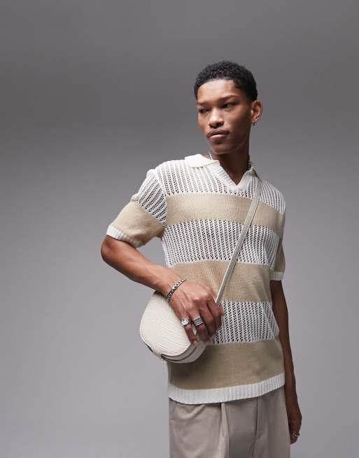 Topman - Polo in maglia all'uncinetto color pietra a righe con scollo a V