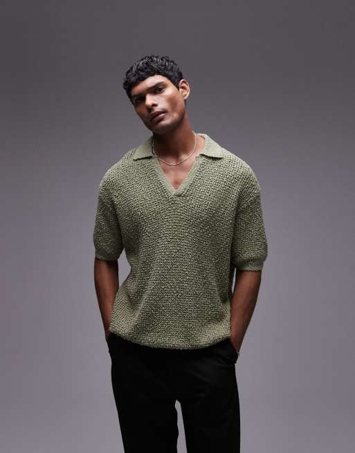 Topman - Polo in maglia di cotone kaki con rever