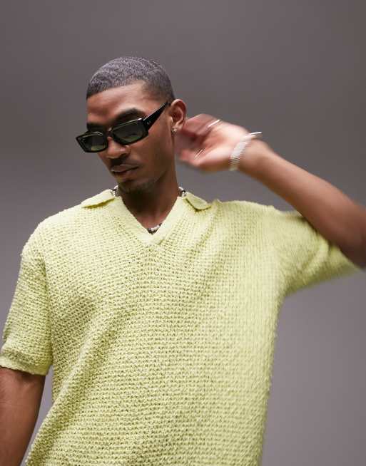 Topman - Polo in maglia di cotone verde lime con rever
