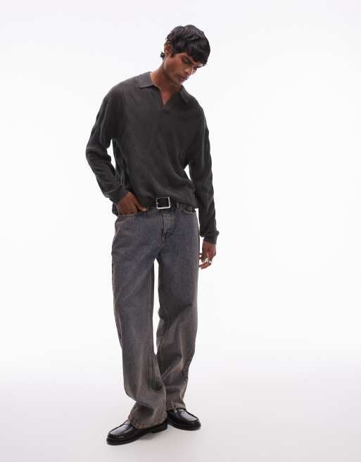 Topman - Polo in maglia traforata con motivo a rombi grigio scuro, 2 di 4