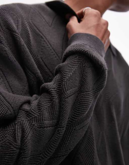 Topman - Polo in maglia traforata con motivo a rombi grigio scuro, 3 di 4