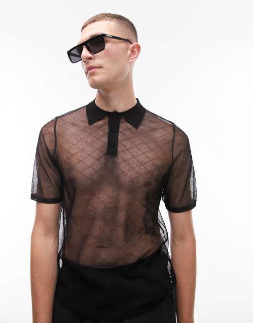 Topman - Polo in maglia trasparente a rombi nera