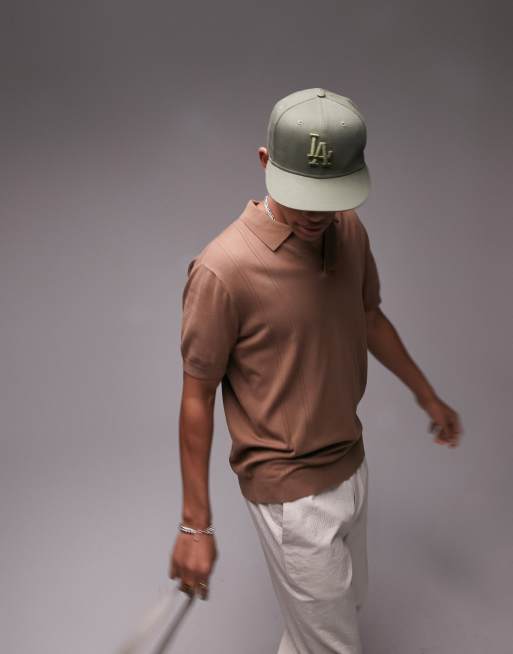 Topman - Polo marrone in maglia traforata con colletto a rever