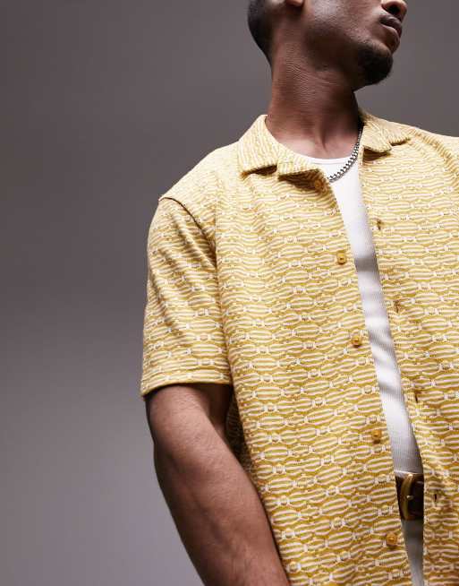 Topman - Polo oversize color senape con bottoni e motivo jacquard geometrico, 4 di 4