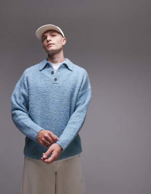 Topman - Polo oversize en maille bouclée - Bleu chiné