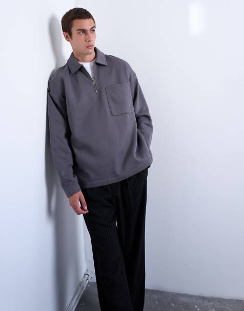 Topman - Polo premium oversize grigia con zip corta - view 1