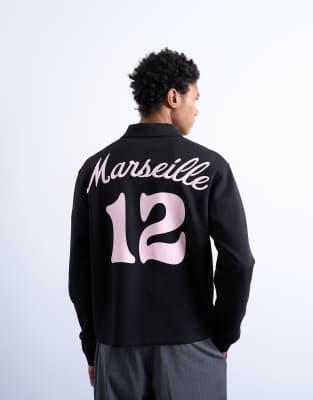 Topman - Polo sportif décontracté à manches longues à broderie Marseille au dos - Noir