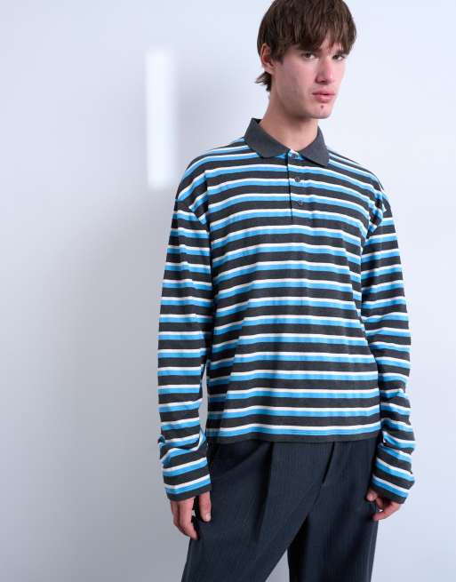 Topman - Polo stile rugby corta a maniche lunghe blu, 3 di 5