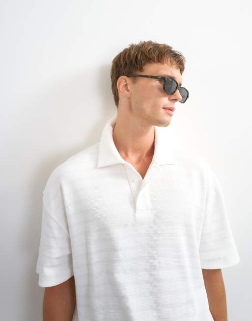 Topman polo z dżerseju w paski o teksturze, krój boxy, ecru, 2 z 5