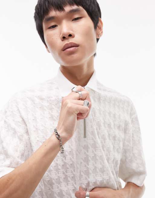 Topman - Polo zippé texturé oversize à motif pied-de-poule - Blanc