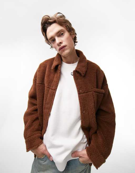 Topman teddy fleece coat in brown, ASOS