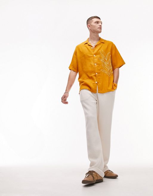 Topman – Pomarańczowa luźna koszula z krótkimi rękawami i kołnierzykiem kubańskim w haftowany wzór