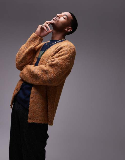 Topman – Pomarańczowy kardigan o luźnym kroju z dzianiny boucle ze wzorem