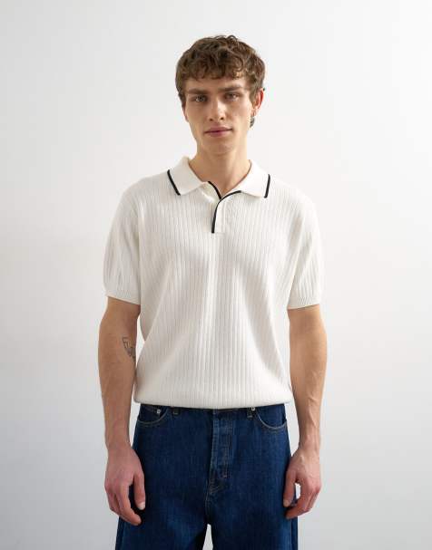 Topman – Prążkowana dzianinowa koszulka polo o regularnym kroju w kolorze ecru z lamówkami - view 1