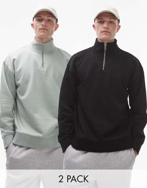 Topman premium 2 pack 1/4 zip sweat in black and sage - view 1