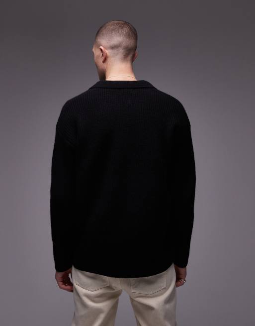 Topman - Premium - Afslappet og sort striktrøje i lammeuld med åben krave, 2 af 4
