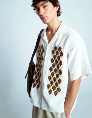 premium beaded crochet shirt in ecru-Neutral