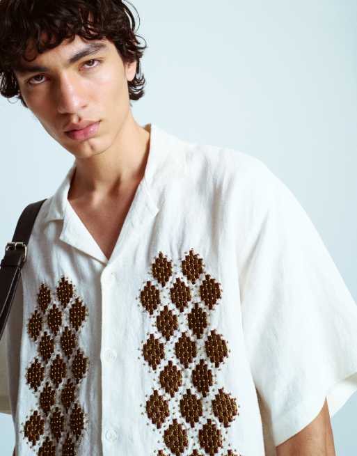 Topman premium beaded crochet shirt in ecru