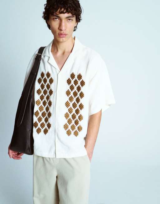 Topman premium beaded crochet shirt in ecru