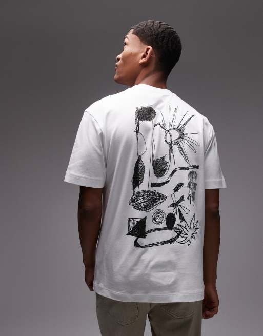 Topman Premium – Biały T-shirt oversize z aplikacja i abstrakcyjnym nadrukiem z przodu i na plecach