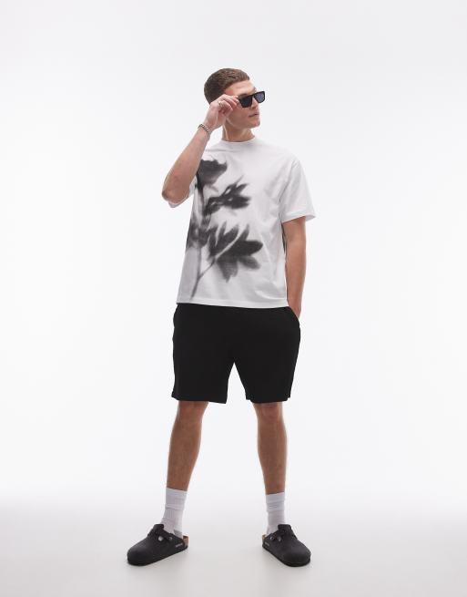 Topman Premium – Biały T-shirt oversize z czarnym rozmytym nadrukiem kwiatów z przodu i na plecach