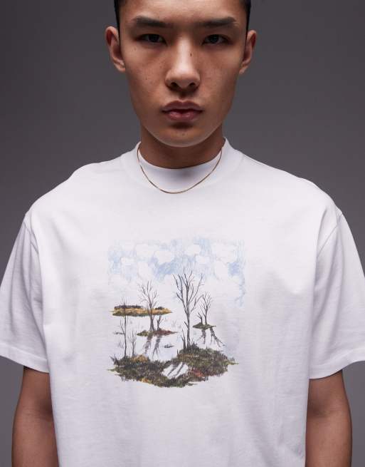 Topman Premium – Biały T-shirt oversize z nadrukiem z motywem lasu na piersi